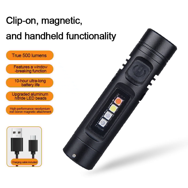 🔦Pocket Rechargeable EDC Flashlight: 500 Lumens Mini Keychain Light with Fire Starter & Window Breaker
