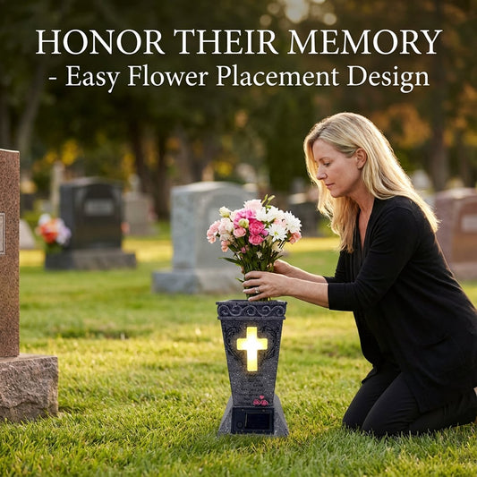 ♥️Longing for the past-Solar Cemetery Vase with LED Cross Light