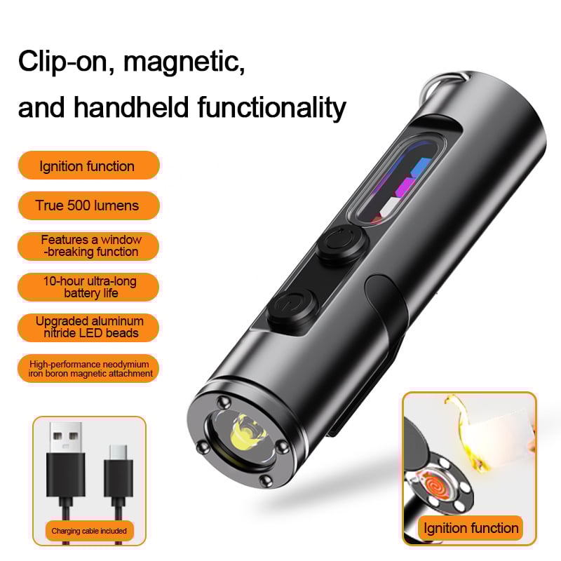 🔦Pocket Rechargeable EDC Flashlight: 500 Lumens Mini Keychain Light with Fire Starter & Window Breaker